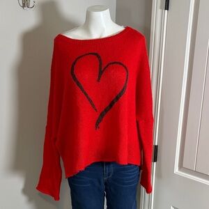Wooden Ships Heart Sweater Red Black Mohair Boat Neck Lightweight Knit Sz M/L